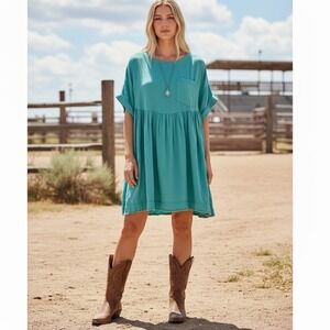 Veveret NEW Turquoise Babydoll Dress Fringe Hem Boho Western Coastal Cowgirl M